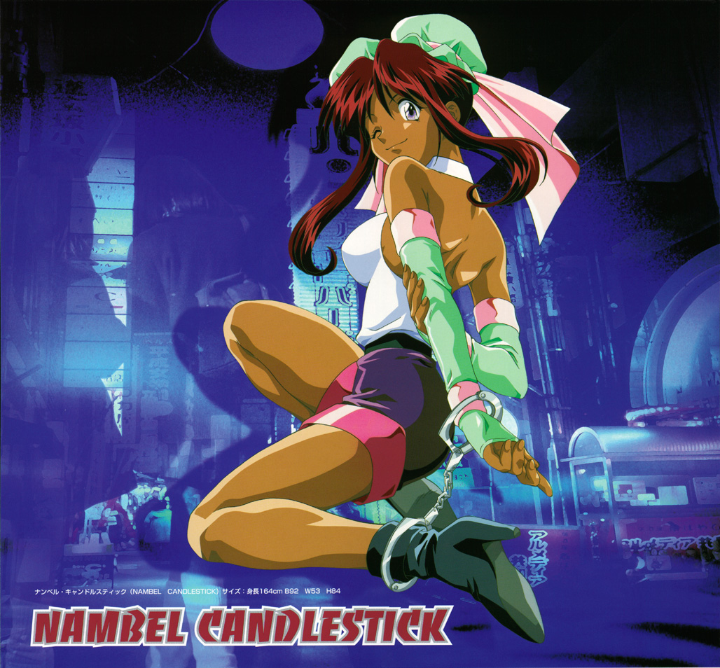 90s arched_back artist_request back backless_outfit bare_back bare_shoulders breasts brown_hair bun_cover burn-up burn-up_w chain character_name city cuffs dark_skin double_bun elbow_gloves gloves high_heels large_breasts legs long_hair looking_back nanvel_candlestick night official_art one_eye_closed purple_eyes shoes shorts smile solo