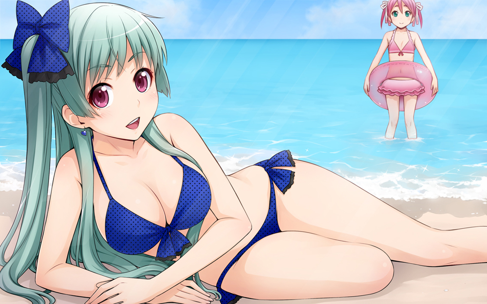 :d aqua_eyes aqua_hair bangs beach bikini bikini_skirt blue_bikini blush breasts cleavage cloud crossed_arms day earrings flat_chest frilled_bikini frills front-tie_top ha-ru hair_ribbon heart heart_earrings holding innertube jewelry large_breasts light_rays long_hair lowleg lowleg_bikini lying multiple_girls ocean on_ground on_side one_side_up open_mouth original outdoors pink_bikini pink_hair polka_dot polka_dot_bikini polka_dot_swimsuit purple_eyes ribbon short_eyebrows short_hair short_twintails side-tie_bikini sideboob sky smile standing sunbeam sunlight swimsuit transparent twintails very_long_hair wading water wide_hips