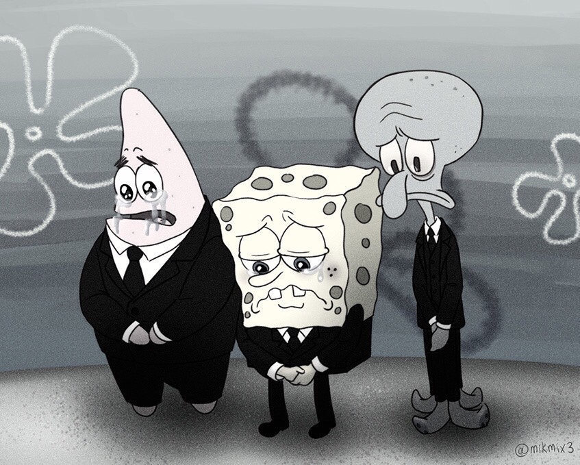 3boys buck_teeth crying crying_with_eyes_open formal greyscale looking_down male_focus mikmix monochrome multiple_boys necktie open_mouth patrick_star sponge spongebob_squarepants spongebob_squarepants_(character) squid squidward_tentacles starfish stephen_hillenberg suit tears tentacles wavy_mouth
