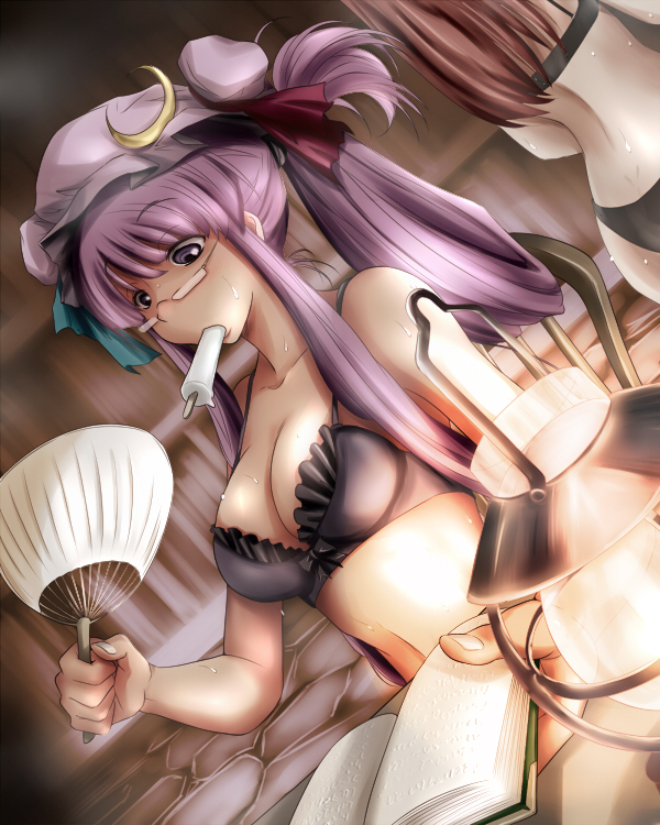 alternate_hairstyle ao_usagi ass bespectacled black_bra black_panties book bra breasts commentary crescent dutch_angle fan food glasses hat hot koakuma lamp large_breasts library lingerie long_hair mouth_hold multiple_girls panties paper_fan patchouli_knowledge ponytail popsicle purple_eyes purple_hair red_hair sweat touhou uchiwa underwear underwear_only voile