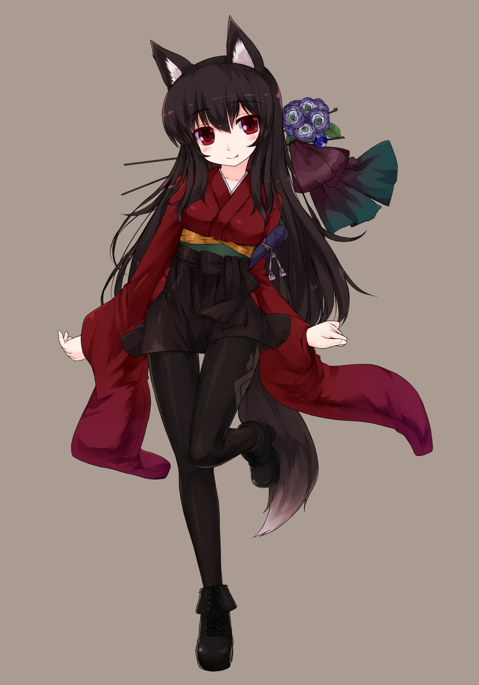 animal_ears ankle_boots black_hair black_legwear boots brown_hair fang fox_ears fox_tail grey_background hair_ornament hair_stick highres japanese_clothes kimono kimono_skirt kt2 legs long_hair looking_at_viewer original pantyhose print_legwear red_eyes simple_background smile solo standing standing_on_one_leg tail wide_sleeves