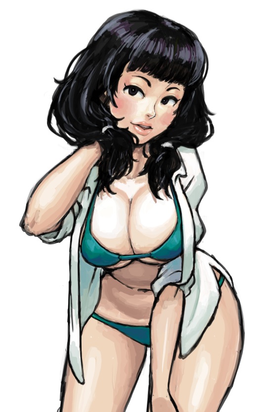 bikini black_eyes black_hair breasts cleavage copyright_request curvy hips large_breasts mariel_cartwright open_clothes open_shirt shirt sleeves_rolled_up solo swimsuit thighs twintails