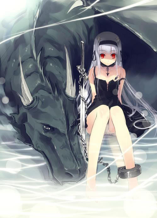 ankle_chain black_dress dragon dress long_hair red_eyes sitting