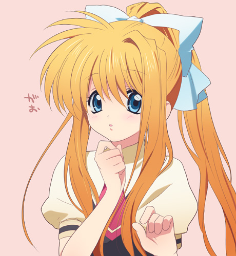 air blonde_hair blue_eyes hair_ribbon kamio_misuzu long_hair lowres ponytail ribbon satowo school_uniform solo