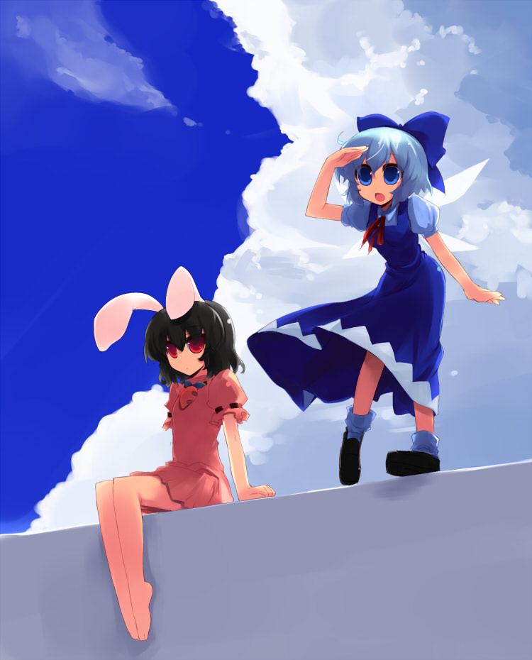 animal_ears barefoot blue_eyes bunny_ears cirno cloud day inaba_tewi multiple_girls red_eyes ribbon shin_(new) short_hair sky touhou wings