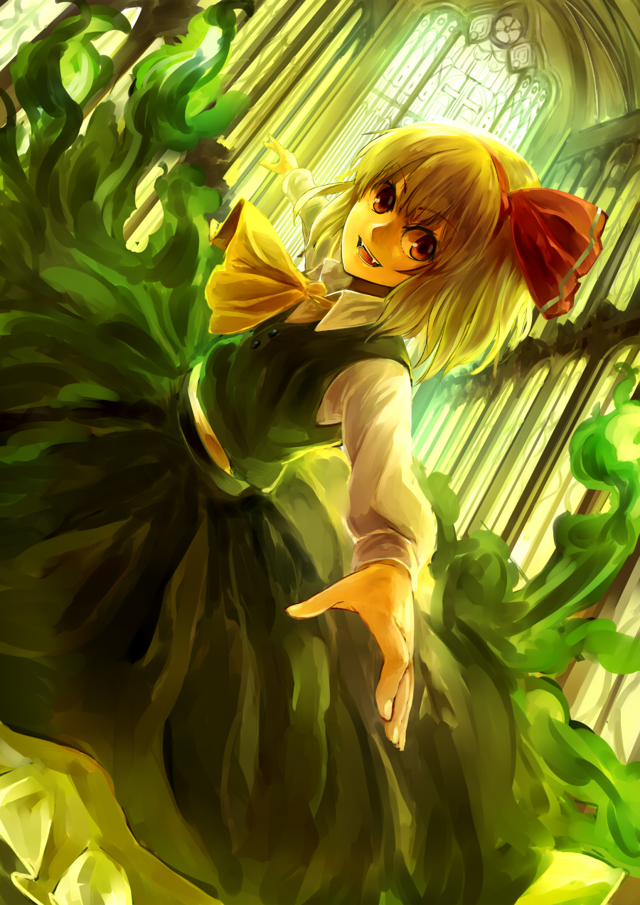 ascot blonde_hair brown_eyes church cross dutch_angle fangs hair_ribbon highres long_sleeves looking_at_viewer nishiuri open_mouth outstretched_arms ribbon rumia shirt skirt skirt_set smile solo touhou vest