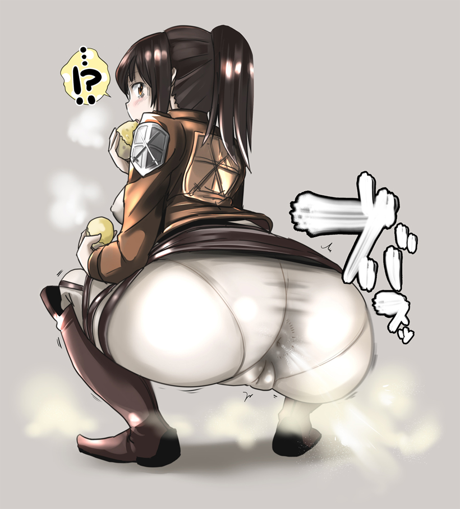 1girl anus ass boots breasts brown_background brown_eyes brown_hair cameltoe dokuro-san emblem fart full_body impossible_clothes large_breasts looking_at_viewer pants pantylines paradis_military_uniform ponytail potato sasha_braus shingeki_no_kyojin short_hair simple_background solo squatting tight tight_pants training_corps_(emblem)