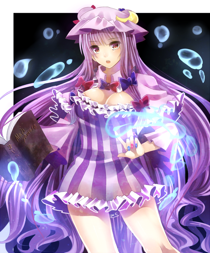 bad_id bad_pixiv_id book bow breasts cleavage crescent dress hair_bow hat koyuri_shouyu large_breasts long_hair magic patchouli_knowledge purple_eyes purple_hair solo touhou water