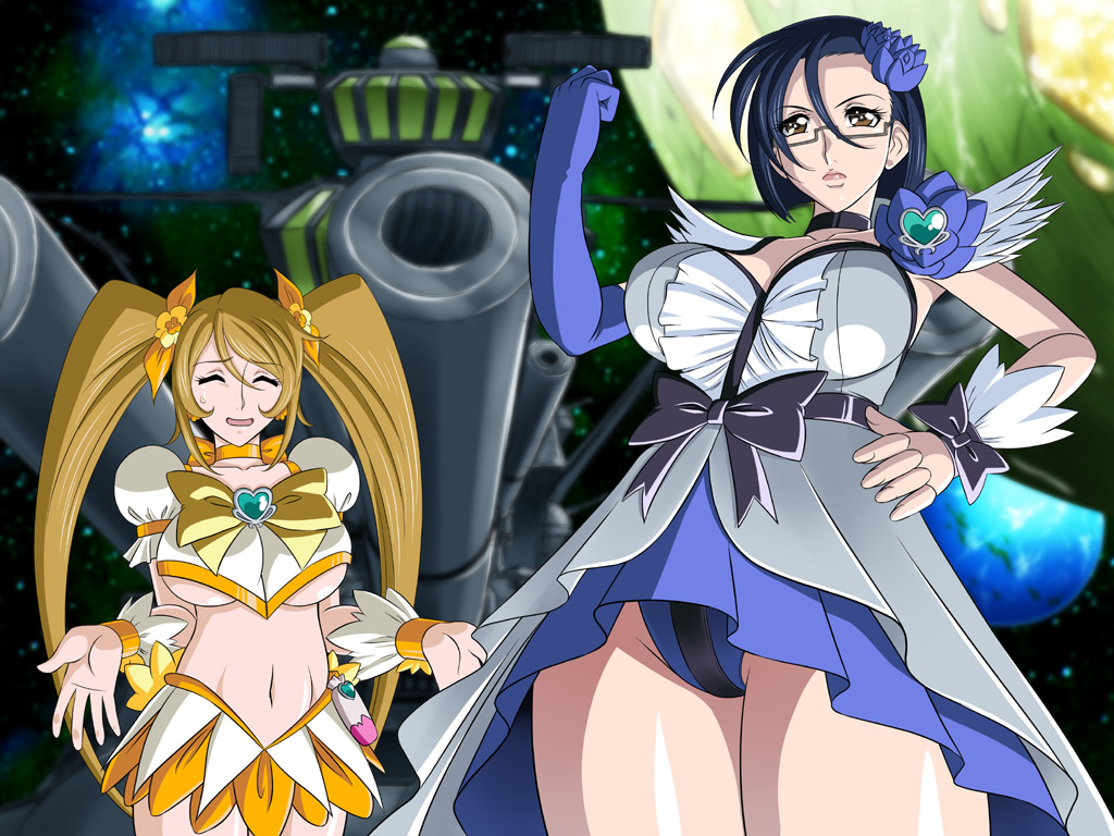 bow breasts cosplay cure_moonlight cure_moonlight_(cosplay) cure_sunshine cure_sunshine_(cosplay) glamour_works heartcatch_precure! hisakawa_aya kuwashima_houko large_breasts midriff mori_yuki multiple_girls niimi_kaoru orange_bow precure seiyuu_connection space space_craft thighs uchuu_senkan_yamato uchuu_senkan_yamato_2199 underboob yamato_(uchuu_senkan_yamato) yellow_bow