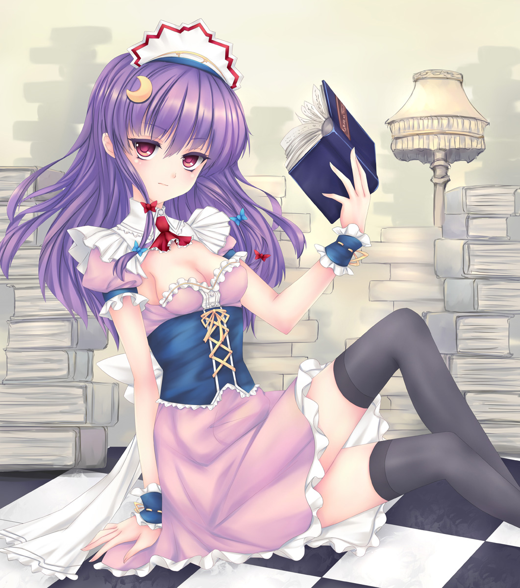 alternate_costume alternate_headwear arm_support black_legwear blush book bow breasts checkered checkered_floor cleavage crescent crescent_hair_ornament enmaided fred0092 frills hair_bow hair_ornament highres lamp long_hair looking_at_viewer maid maid_headdress patchouli_knowledge purple_eyes purple_hair red_eyes sitting small_breasts solo thighhighs touhou very_long_hair wrist_cuffs