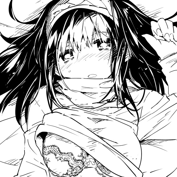 blush bra greyscale hairband idolmaster idolmaster_cinderella_girls long_hair long_sleeves monochrome open_mouth sagisawa_fumika solo sweat underwear watarai_keiji