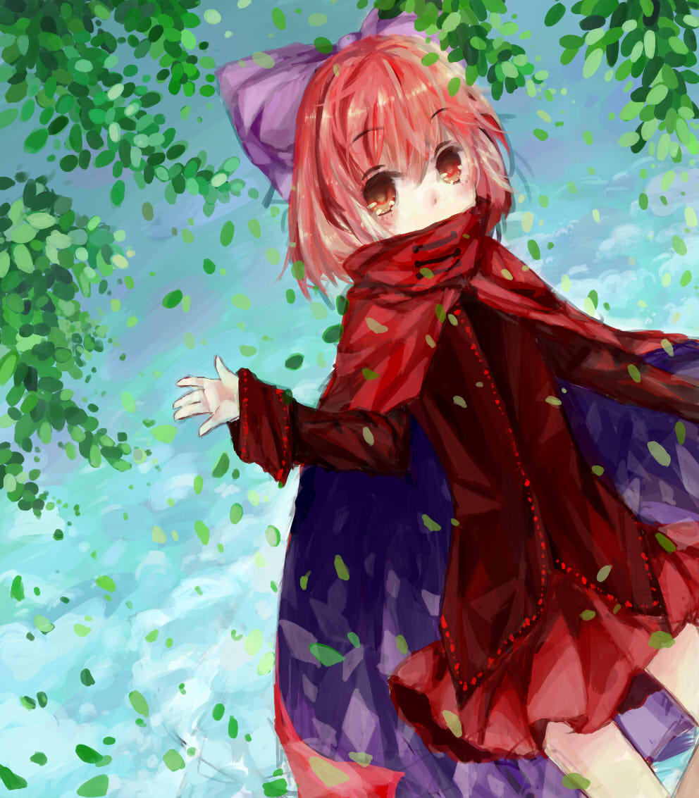 bow cape leaf red_eyes red_hair sekibanki short_hair touhou willow