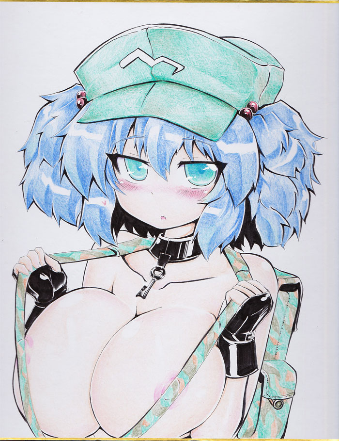 alternate_costume areola_slip areolae backpack bag bare_shoulders blue_eyes blue_hair blush breasts cleavage collar collarbone colored_pencil_(medium) fingerless_gloves gloves hair_bobbles hair_ornament hat kawashiro_nitori key large_breasts looking_at_viewer nipples okiraku_nikku shikishi short_hair simple_background solo touhou traditional_media two_side_up upper_body white_background