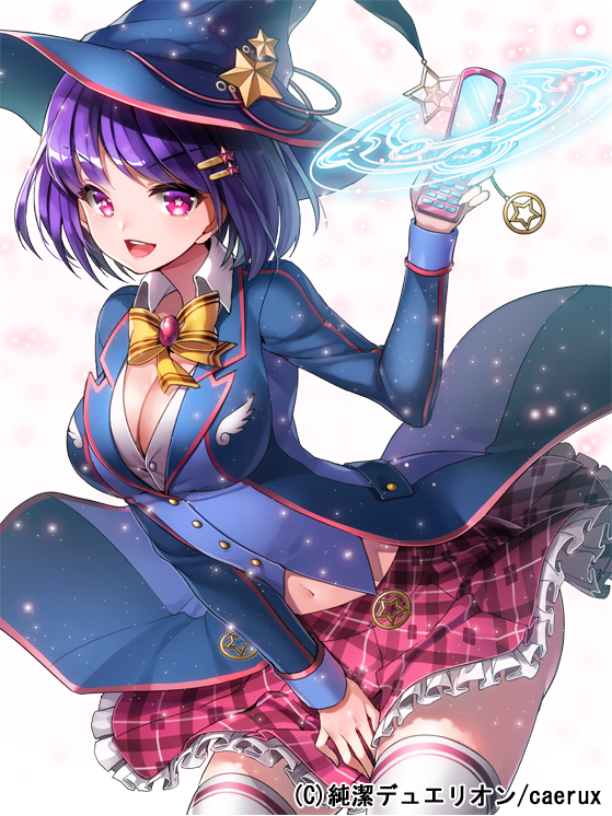 :d aile_(crossroads) bob_cut breasts cellphone cleavage copyright_name covering covering_crotch hair_ornament hairclip hanakage_lycee hat junketsu_duelion large_breasts leaning_forward magic_circle navel official_art open_mouth phone pink_eyes plaid plaid_skirt pleated_skirt purple_hair short_hair skirt smile solo star star-shaped_pupils symbol-shaped_pupils thighhighs translated white_legwear witch_hat