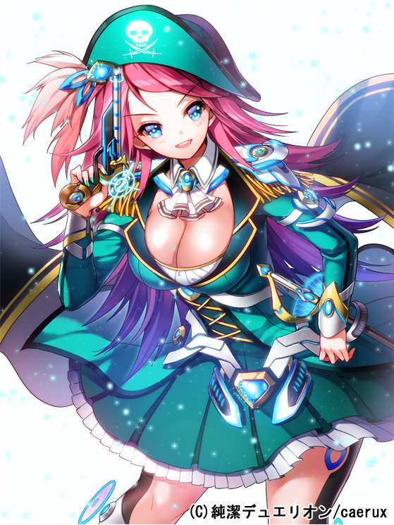 aile_(crossroads) blue_eyes breasts cape cleavage copyright_name corset gun hat junketsu_duelion large_breasts lene_roberts official_art pink_hair pirate_hat pleated_skirt skirt solo sword translated weapon