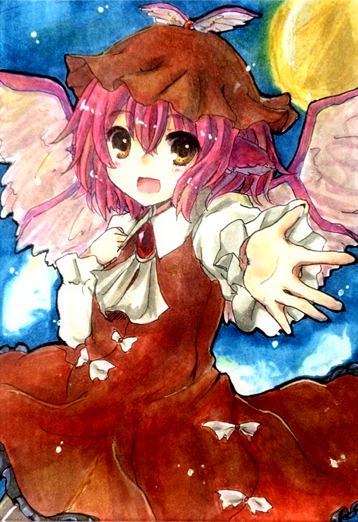 \||/ ascot brooch dress full_moon gradient gradient_background hand_on_own_chest hat jewelry kudukimii long_sleeves looking_at_viewer marker_(medium) millipen_(medium) mixed_media moon mystia_lorelei open_hand open_mouth outstretched_arm pink_hair short_hair solo touhou traditional_media wings yellow_eyes