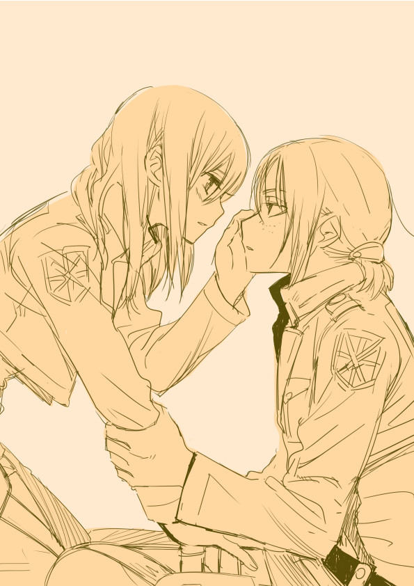 arm_grab artist_request christa_renz emblem freckles hand_on_another's_face jacket looking_at_another monochrome multiple_girls paradis_military_uniform pink shingeki_no_kyojin short_hair simple_background touching ymir_(shingeki_no_kyojin) yuri
