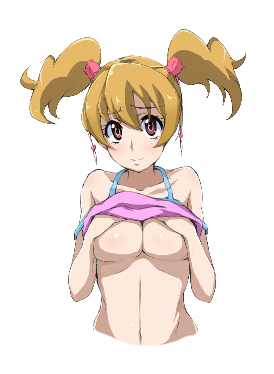 blonde_hair breasts fresh_precure! large_breasts looking_at_viewer momozono_love nanashishi pink_tank_top precure red_eyes short_hair simple_background smile solo twintails underboob white_background