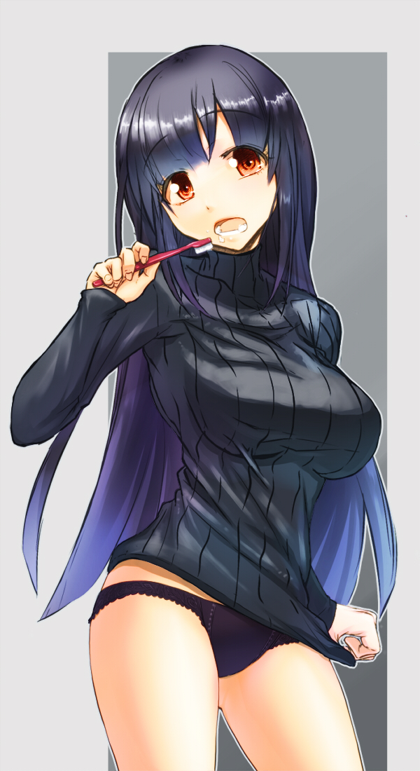 black_hair black_panties breasts clothes_tug emanon123 lace lace-trimmed_panties large_breasts long_hair looking_at_viewer no_pants open_mouth original panties red_eyes ribbed_sweater solo sweater sweater_tug toothbrush turtleneck underwear