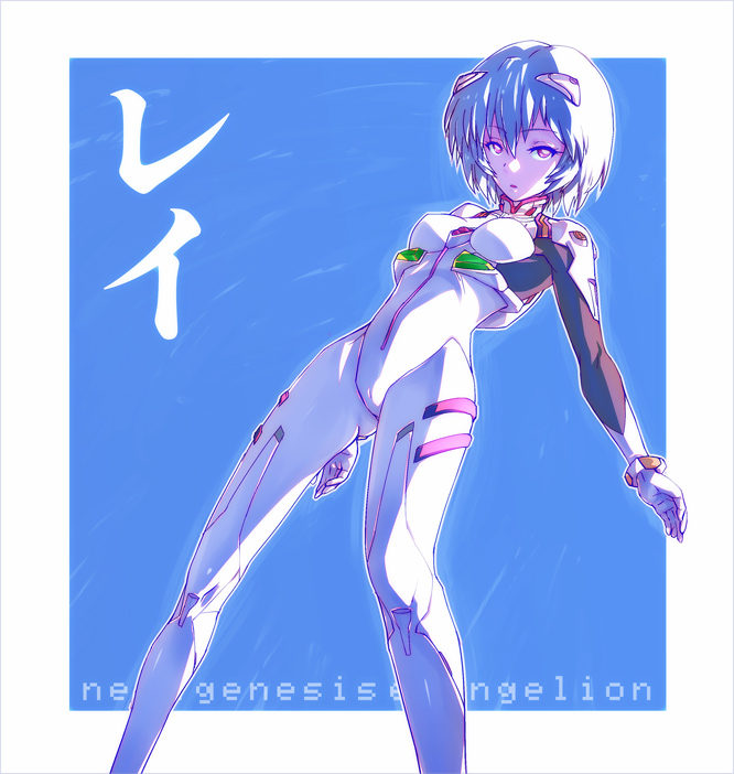ayanami_rei blue blue_hair bodysuit character_name copyright_name neon_genesis_evangelion parted_lips plugsuit red_eyes short_hair solo tamago_tomato white_bodysuit