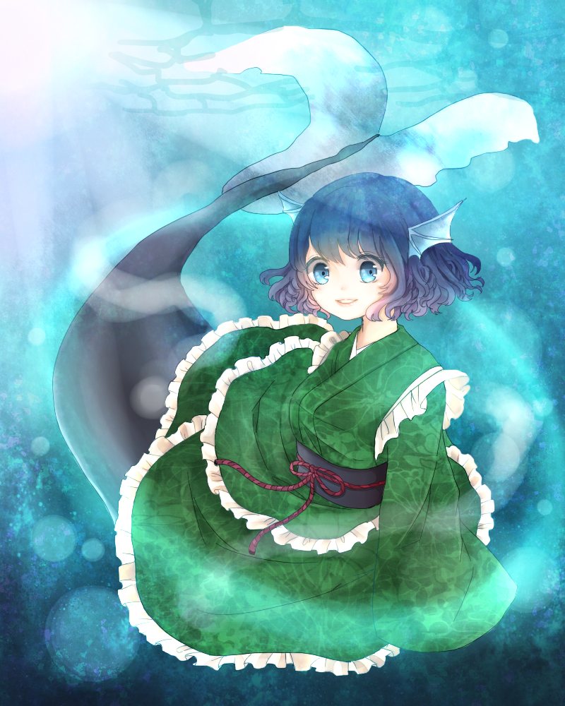 blue_eyes blue_hair frills head_fins japanese_clothes mermaid monster_girl rs_akatuki smile solo touhou wakasagihime