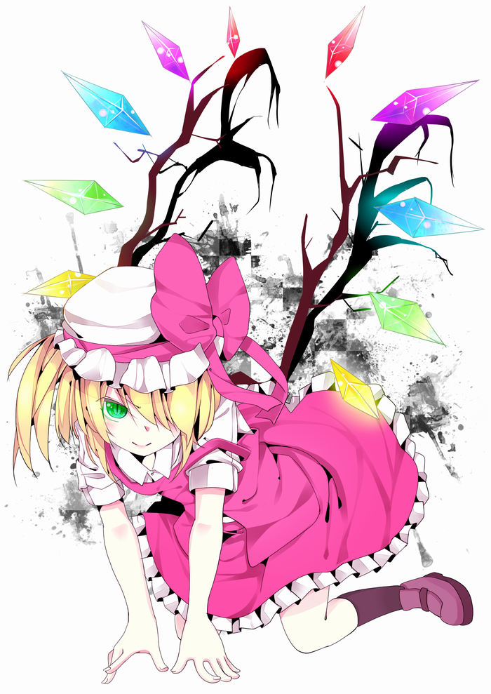 all_fours alternate_eye_color ascot blonde_hair bow flandre_scarlet green_eyes hair_over_one_eye hat hat_bow loafers off_shoulder sanagi_7221 shoes short_hair side_ponytail skirt skirt_set smile solo touhou wings