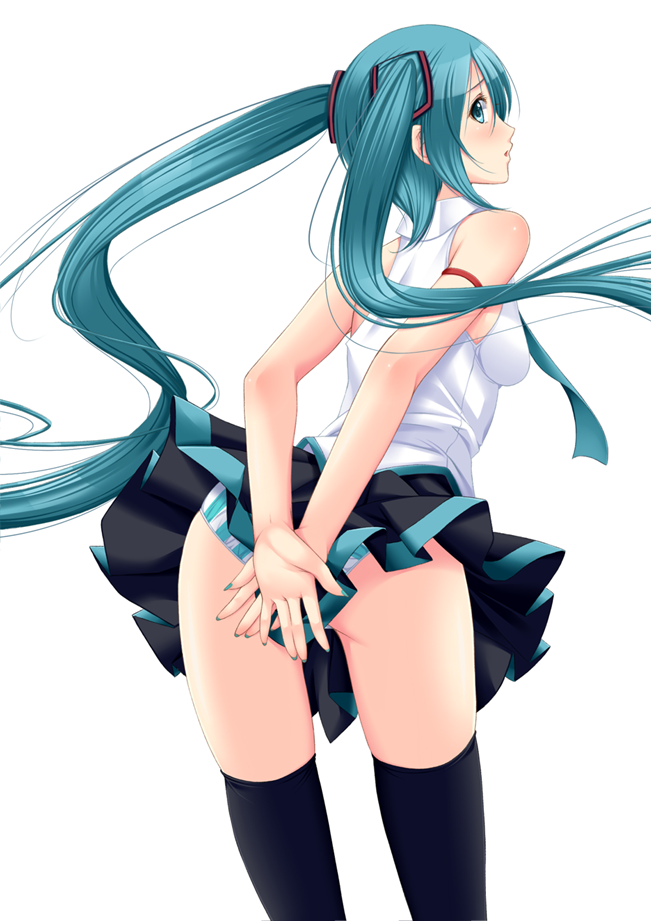 bad_id bad_pixiv_id chiro covering covering_ass from_behind hatsune_miku long_hair panties pantyshot simple_background skirt solo striped striped_panties thighhighs twintails underwear very_long_hair vocaloid white_background wind wind_lift