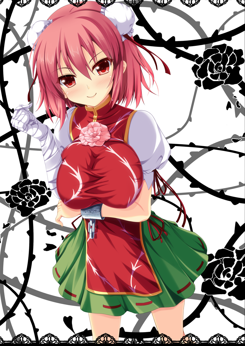 bandages blush bow breasts bun_cover chain chinese_clothes cuffs double_bun flower ibaraki_kasen koneko_(nonnkimono) large_breasts pink_hair red_eyes rose short_hair skirt smile solo tabard touhou