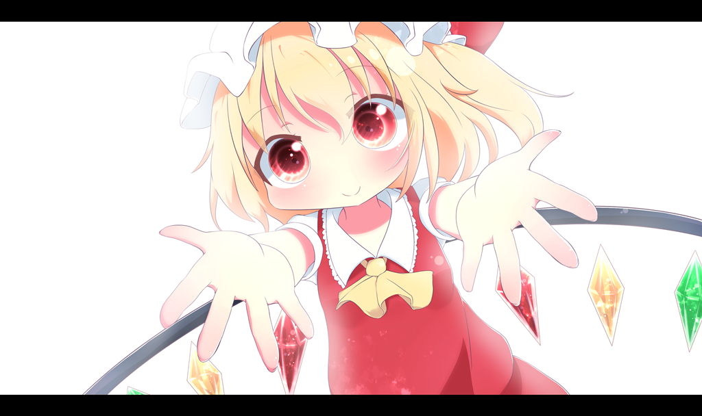 akisha bad_id bad_pixiv_id blonde_hair blush flandre_scarlet hat looking_at_viewer red_eyes side_ponytail smile solo touhou wings