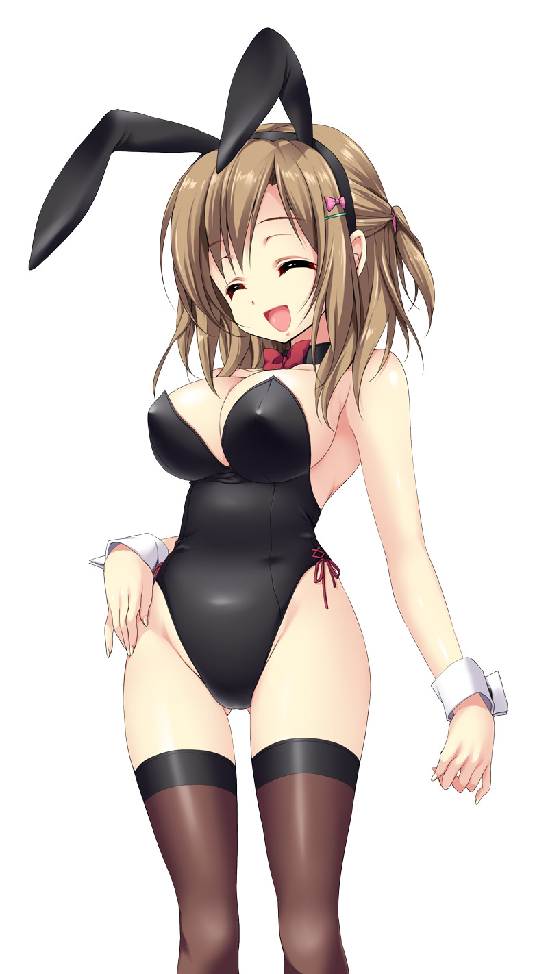 animal_ears bare_arms bare_shoulders bow bowtie breasts brown_hair bunny_ears bunnysuit choker cleavage closed_eyes fake_animal_ears hair_ornament half_updo highres large_breasts leotard open_mouth original sabotencc short_hair smile solo thighhighs wrist_cuffs