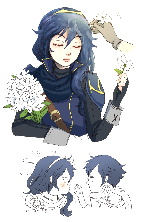 1girl ?!! blue_gloves blue_hair blush bouquet brown_gloves closed_eyes daisy eclectic eye_contact father_and_daughter fingerless_gloves fire_emblem fire_emblem:_kakusei flower gloves hair_between_eyes hair_flower hair_ornament holding krom lips long_hair looking_at_another lucina