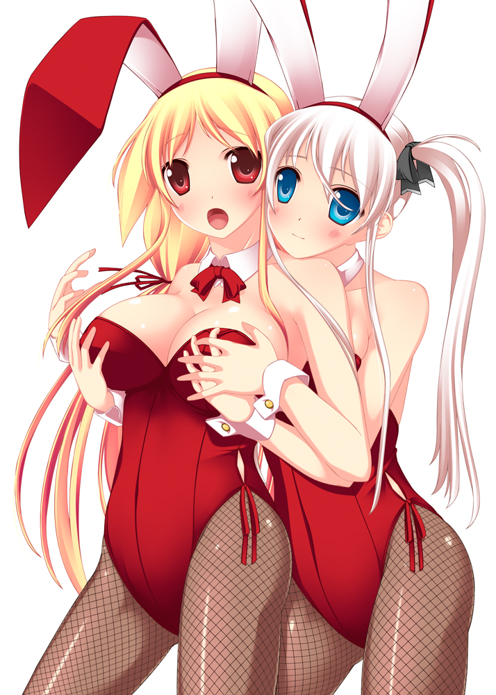 animal_ears blonde_hair blue_eyes blush breast_grab breasts bunny_ears bunny_girl bunnysuit detached_collar fishnet_pantyhose fishnets grabbing large_breasts long_hair looking_at_viewer multiple_girls open_mouth original pantyhose red_eyes smile standing twintails umitsubame white_hair wrist_cuffs