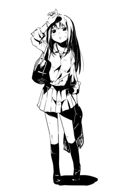 bag collarbone greyscale idolmaster idolmaster_cinderella_girls long_hair monochrome open_mouth school_uniform shibuya_rin sleeves_rolled_up solo sweat watarai_keiji white_background