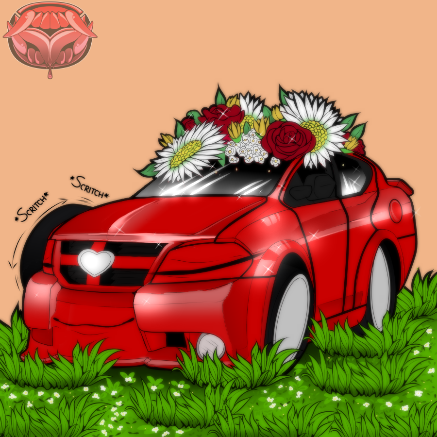 1:1 car cars_(disney) chibi daisies dire_machine dire_vehicle disney dodge_(brand) dodge_charger eyes_closed flower flower_crown grass living_machine living_vehicle machine male mawzda pixar plant resting rose_(flower) scratching sleeping smile solo vehicle