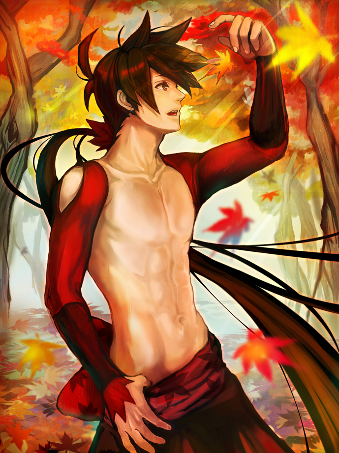 abs bare_chest brown_eyes brown_hair collarbone hakama japanese_clothes jippei katanagatari leaf long_hair male_focus maple_leaf navel ponytail shirtless tree very_long_hair yasuri_shichika