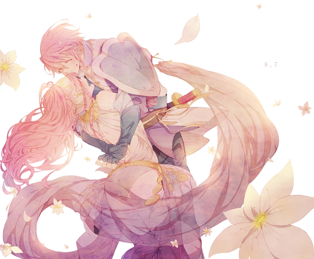 1girl ^_^ a082 ass azur_(fire_emblem) bare_shoulders blue_gloves braid closed_eyes colored_eyelashes dated detached_pants fingerless_gloves fire_emblem fire_emblem:_kakusei flower foreshortening from_behind gloves hair_between_eyes hairband happy hug long_hair mother_and_son olivia_(fire_emblem) open_mouth ponytail scarf shawl sheath sheathed simple_background smile sword thighhighs twin_braids weapon white_background white_legwear