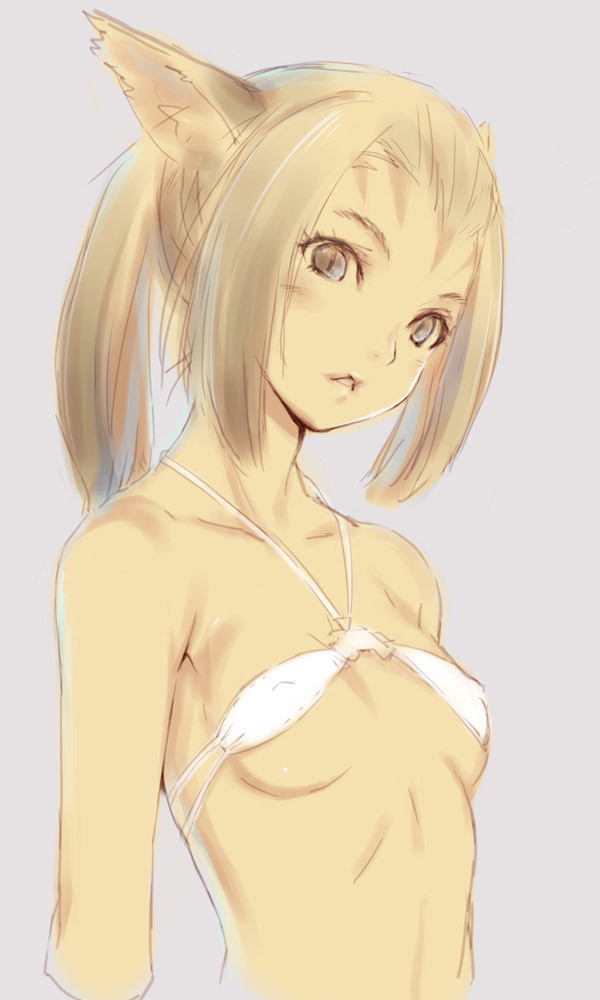 animal_ears bare_shoulders bikini breasts brown_eyes brown_hair cat_ears covered_nipples final_fantasy final_fantasy_xiv kawata_hisashi long_hair looking_at_viewer miqo'te ponytail sidelocks simple_background sketch small_breasts solo swimsuit upper_body