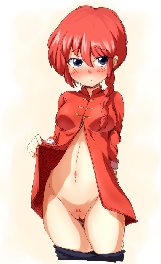 4shi arm_behind_back blue_eyes blush braid chinese_clothes covered_nipples genderswap genderswap_(mtf) long_hair looking_at_viewer navel nose_blush open_clothes open_shirt pants_pull pubic_hair pussy ranma-chan ranma_1/2 red_hair saotome_ranma shirt single_braid solo tangzhuang