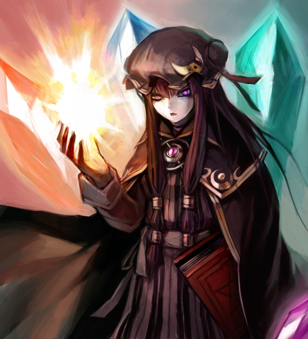 book crescent crystal gradient gradient_background hand_up hat hat_ribbon hexagram light long_hair long_sleeves looking_at_viewer mob_cap open_hand open_mouth patchouli_knowledge purple_eyes purple_hair ribbon sidelocks solo spark621 touhou