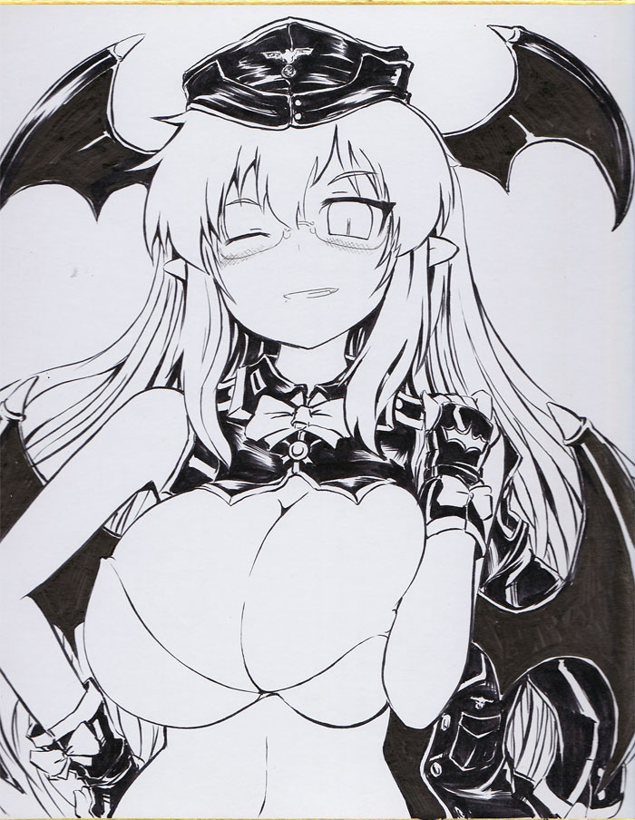 ;d alternate_costume bare_shoulders breasts cleavage demon_wings fingerless_gloves gloves grin hand_on_hip hat head_wings jacket koakuma large_breasts military military_hat monochrome okiraku_nikku one_eye_closed open_mouth pointy_ears shikishi smile solo swastika touhou traditional_media upper_body wings