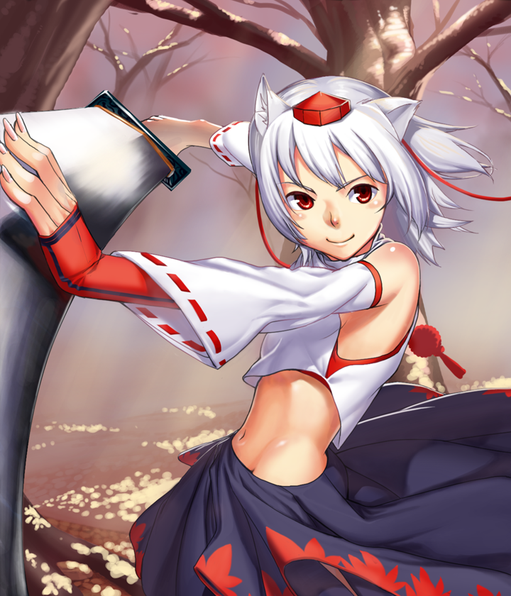 akisa_(12023648) animal_ears armpits bare_shoulders detached_sleeves groin hat inubashiri_momiji midriff navel outstretched_arm red_eyes short_hair skirt smile snow solo sword tokin_hat touhou tree weapon white_hair wolf_ears