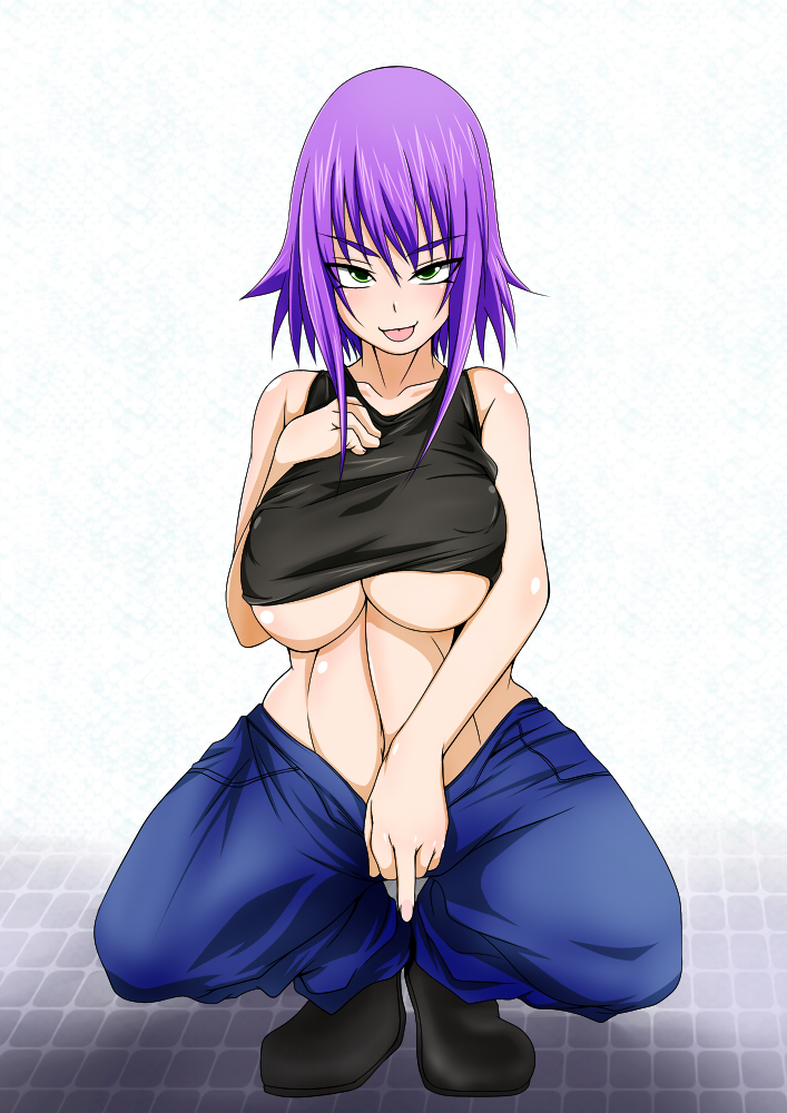 1girl breasts denim jeans large_breasts naughty_face pants pixiv_manga_sample revolve solo underboob