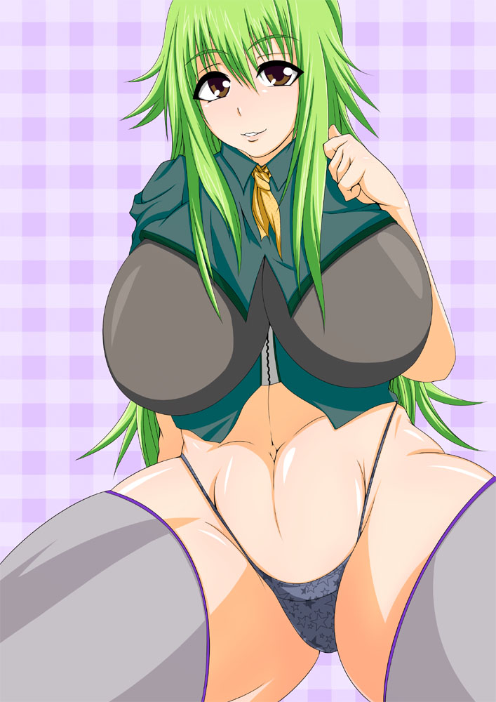 1girl breasts green_hair large_breasts looking_at_viewer midriff revolve