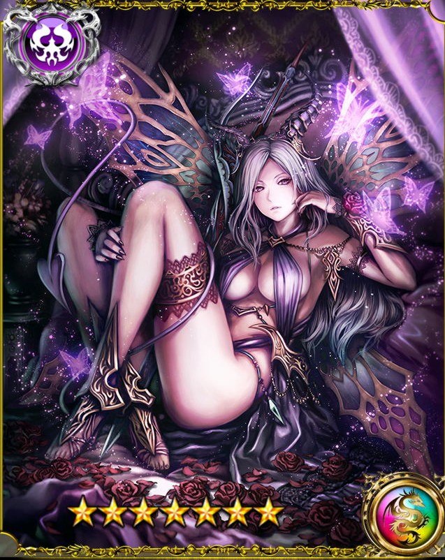 anbe_yoshirou bare_shoulders bug butterfly demon_horns demon_tail detached_sleeves flower horns insect long_hair looking_at_viewer original purple_eyes rose shinma_x_keishou!_ragnabreak silver_hair solo star swimsuit tail thighhighs wings