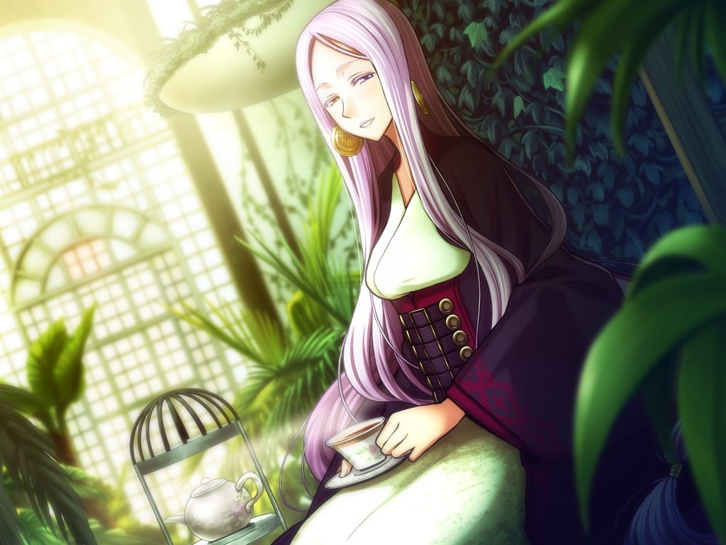 1girl 4:3 game_cg heterochromia liarsoft long_hair ourai_no_gahkthun purple_hair steampunk_(liarsoft)