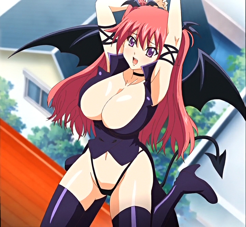 black_wings boots building demon_girl firika_mia_shatana flying long_hair nukidoki! purple_eyes red_hair rooftop screencap solo succubus tail thigh_boots thighhighs twintails wings