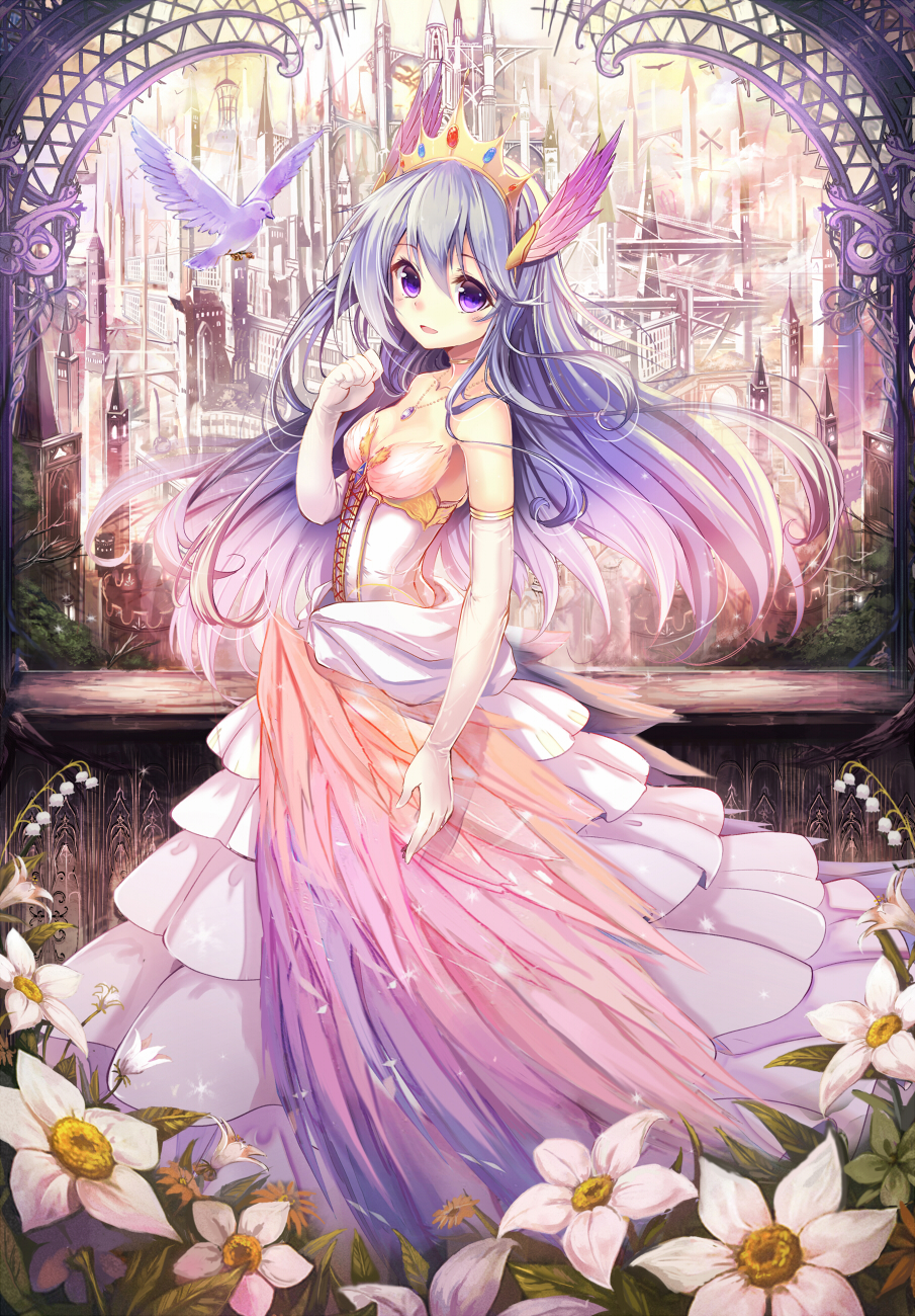 akabane_(zebrasmise) bare_shoulders bird castle crown dress elbow_gloves flower gloves head_wings highres jewelry kaze_to_lute_no_shirabe_ni_nosete lavender_hair long_hair necklace official_art open_mouth purple_eyes seles_(kaze_to_lute) smile solo
