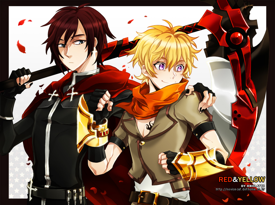 artist_name bad_id bad_pixiv_id belt black_border blonde_hair border brothers cape crescent_rose cross ember_celica_(rwby) gauntlets genderswap genderswap_(ftm) looking_at_viewer looking_to_the_side male_focus multiple_boys petals red_hair rnolatte rose_petals ruby_rose rwby scythe shaded_face short_hair siblings smile smirk tattoo upper_body watermark weapon web_address white_background wide-eyed yang_xiao_long