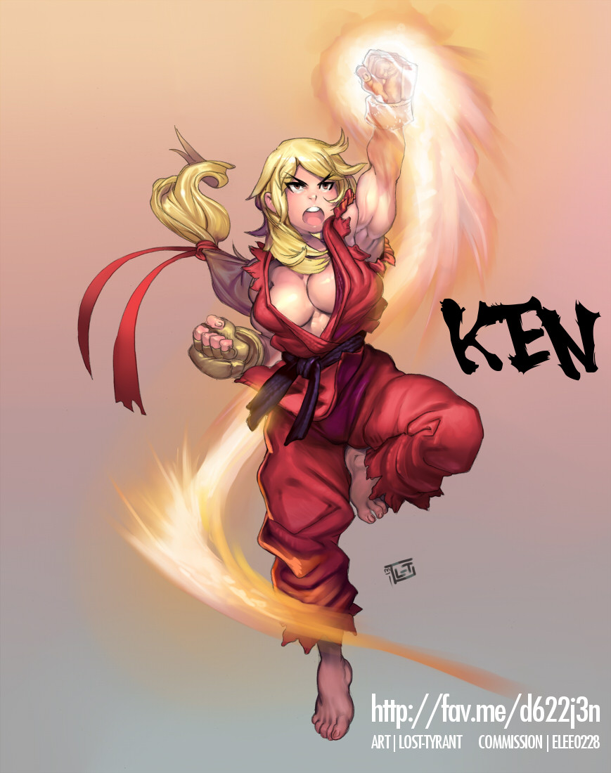barefoot blonde_hair breasts brown_eyes character_name cleavage clenched_hands dougi eyebrows fingerless_gloves fire flame genderswap genderswap_(mtf) gloves hair_ribbon ken_masters long_hair lost-tyrant low-tied_long_hair medium_breasts muscle no_bra open_mouth ribbon shouryuuken sleeveless solo street_fighter street_fighter_zero_(series) thick_eyebrows uppercut watermark web_address