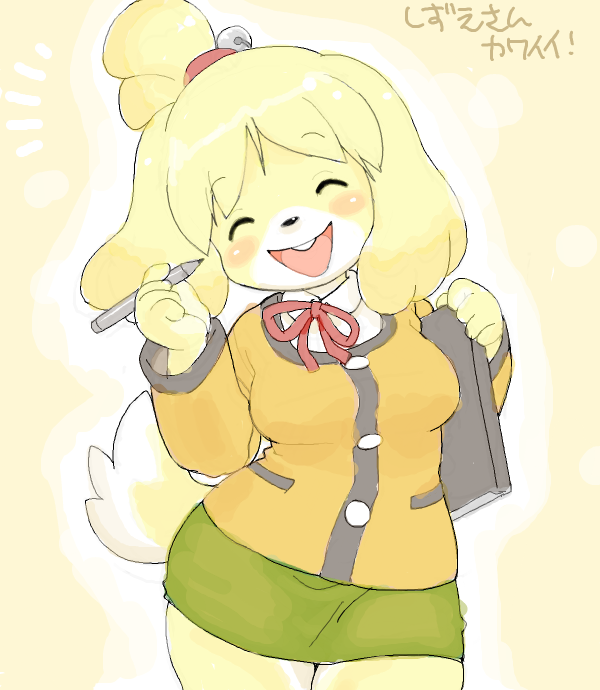 1girl anthro artist_request bell binder blonde_hair blouse blush bow_tie canine cardigan cute dog doubutsu_no_mori eyes_closed female fur green_skirt hair hair_bun hair_tie happy isabelle_(animal_crossing) kikurage mammal miniskirt nintendo open_mouth pen plump raised_hand ribbons shizue_(animal_crossing) shizue_(doubutsu_no_mori) skirt smile solo standing translated translation_request video_games wide_hips yellow_fur
